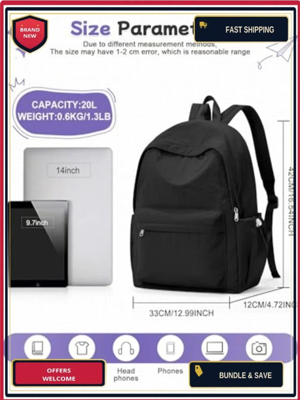 Water Resistant Nylon Laptop Backpack for School Travel Commute